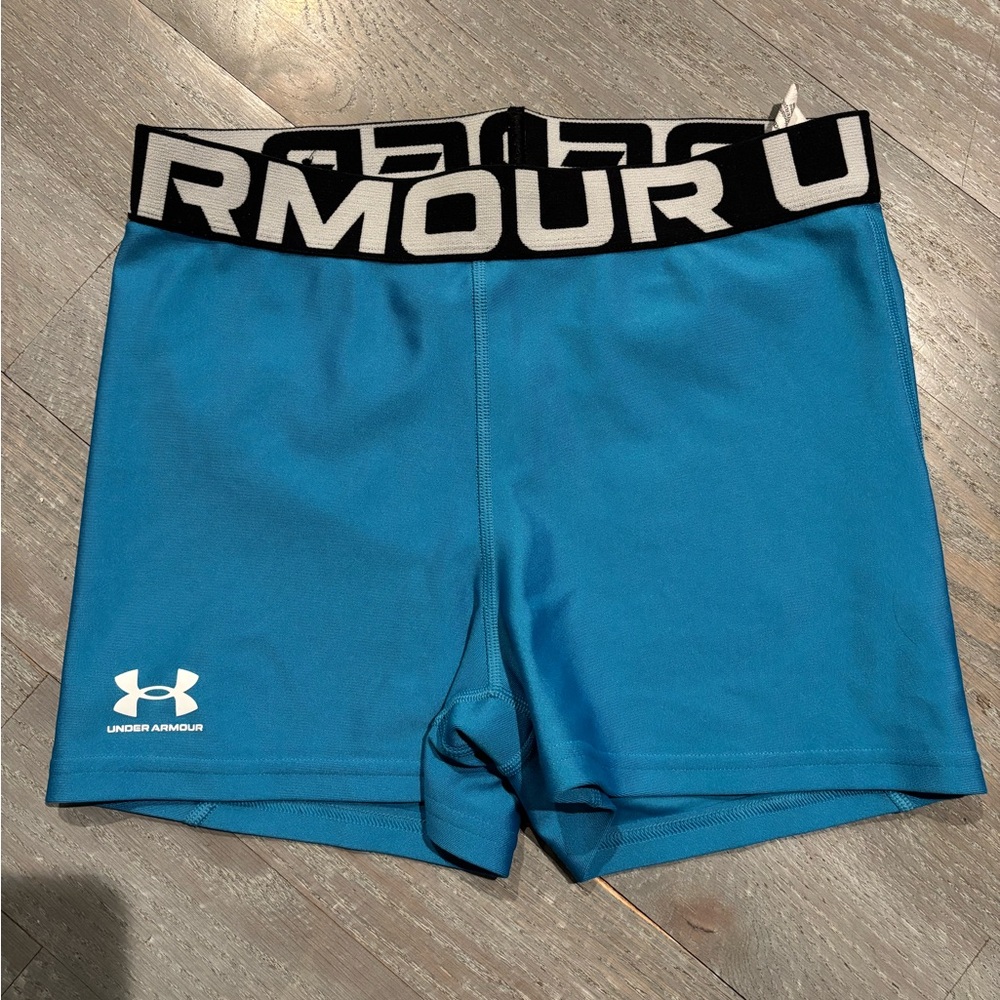 Under Armour Women's Teal Bike Shorts with Black Logo Waistband